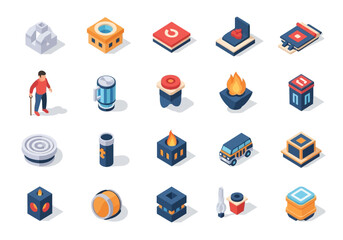 Isometric game objects collection, including buildings, characters, and vehicles