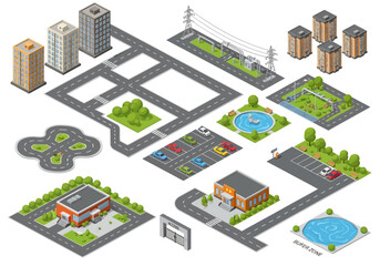 Isometric city elements and infrastructure, buildings, roads, and amenities, perfect for urban planning and design projects