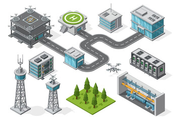 Isometric 3D view of a futuristic smart city infrastructure with smart grid and drone delivery system