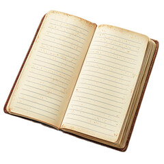 Obraz premium An old, worn-out notebook with lined pages, open to the first page, with a brown leather cover.