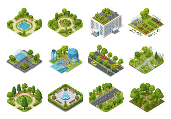 Isometric city elements illustrating urban green spaces, eco-friendly buildings, and transportation infrastructure © Donjuan Studio