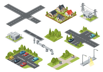Isometric city elements including streets, buildings, trees, parking lot, and power infrastructure © Donjuan Studio
