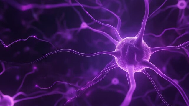 A neuron transmits signals through its extensive network of dendrites and axons in a vibrant purple environment.
