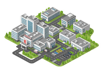 Isometric view of a modern medical complex featuring multiple hospital buildings, ambulance, and parking area with cars