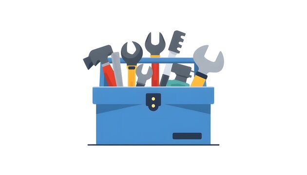 Flat vector illustration of a toolbox with essential hand tools, representing maintenance, repair service, and DIY activities.