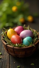 Nest of brightly colored eggs in a rustic wooden basket , chocolate, photography, wooden