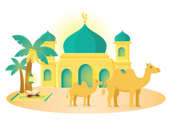 Middle east vector cartoon illustration. Dates palm, camel, mosque, desert vector illustration