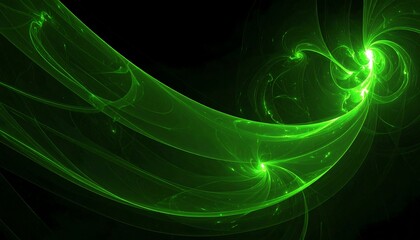 Abstract Green Energy Flowing Light Waves on Black Background.