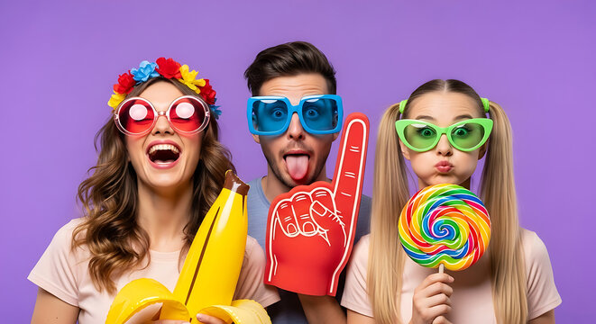 A vibrant and playful studio portrait featuring three young, energetic friends posing with quirky oversized props against a solid purple background. 