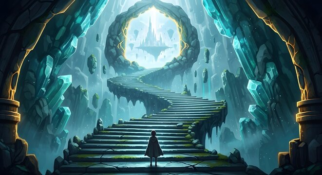 An epic fantasy journey unfolds up mossy stone stairs within a luminous crystal cavern toward a mystical archway revealing a glowing floating city. 