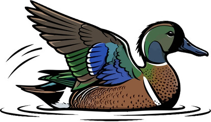 Fototapeta premium Vibrant cartoon illustration of a duck with raised wings, creating ripples in water