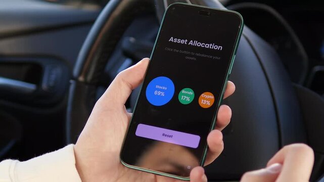 Investor optimizes a diversified portfolio via smartphone while sitting in a car. Clear visualization of financial diversification and smart investing. Great for personal finance ads, digital nomad