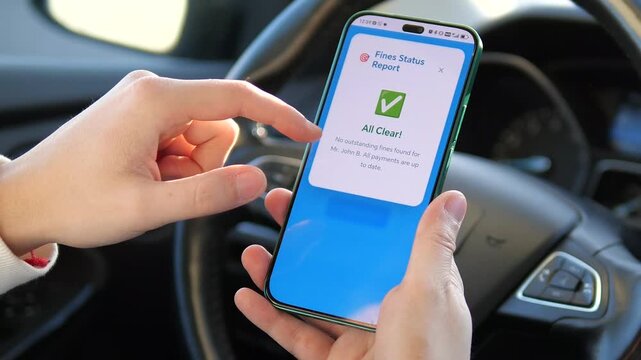 Close-up of a person using a smartphone to verify fines. Successful No outstanding fines report with a green checkmark. Ideal for videos about car ownership, legal apps, digital documents, and stress