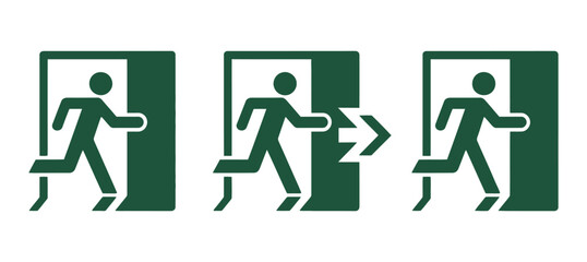 Universal green emergency exit signs, running person leaving door, with and without arrows, vector illustration.