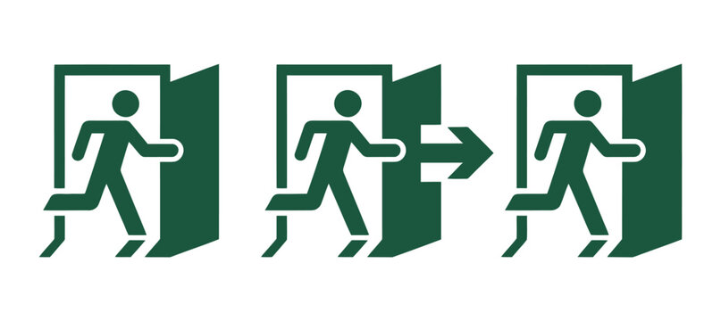 Universal green emergency exit signs, running person leaving door, with and without arrows, vector illustration.
