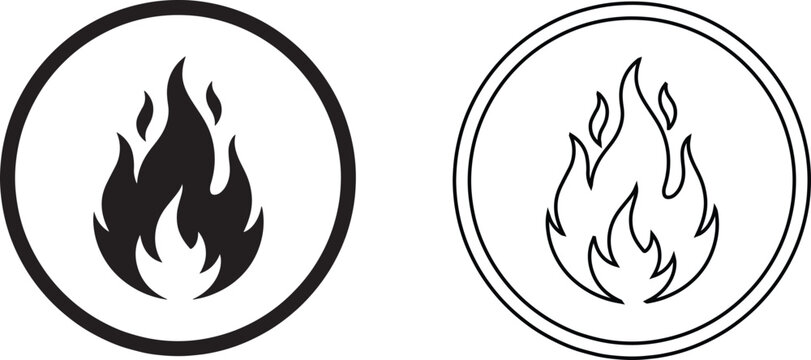 Fire flame icon vector set featuring solid silhouette and linear outline styles isolated on white background, representing heat, burn, energy, bonfire, and flammable danger warning symbol.