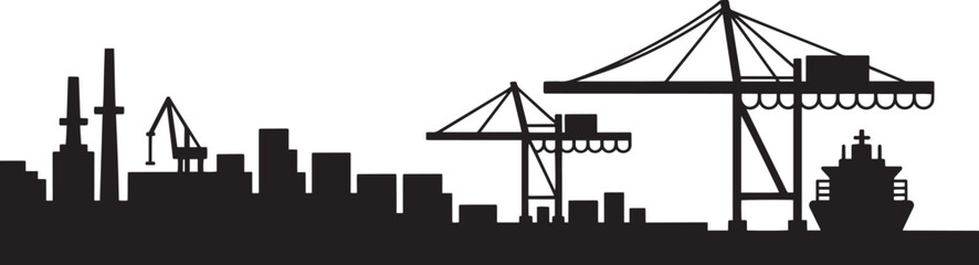 Fototapeta premium Industrial port silhouette with container cranes cargo ships and storage facilities