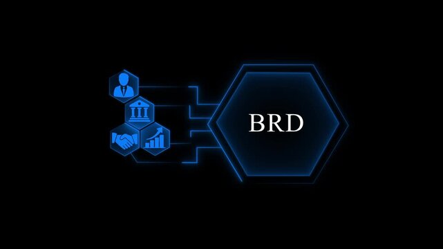 Business Requirements Diagram B R D flowchart with for user bank growth handshake on black background