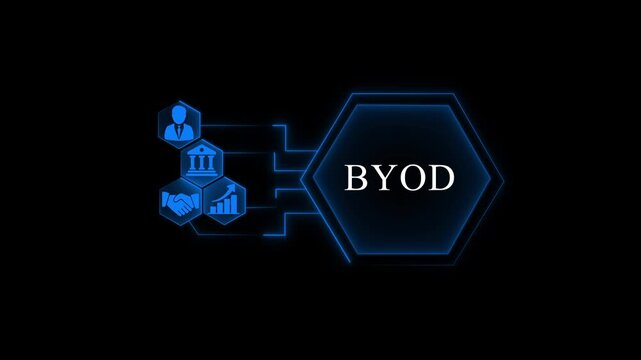 B Y O D concept with representing business, finance, and communication on a dark background BYOD bring your own device