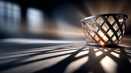 A woven basket stands in a dimly lit area as light filters through, creating sharp shadows on the ground