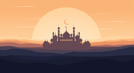 Obraz premium Minimalist Silhouette Illustration of Mosque with Crescent Moon and Sunset Sky