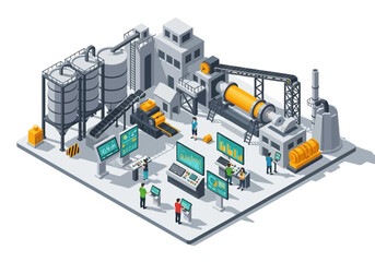 Obraz premium Industrial factory with automated machinery and control panels in isometric view
