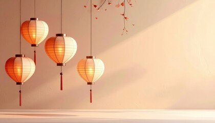 Heart-shaped lanterns, floating warm tones and minimal details, flat design 