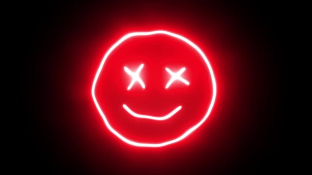 Abstract red neon glowing dead smiley face emoji animation on black background