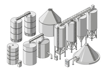 Collection of various industrial grain silos and storage tanks with conveying systems © Donjuan Studio