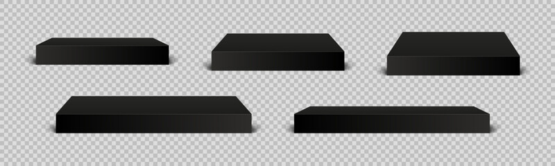 Fototapeta na wymiar Empty black rectangular podium, top table mockup, modern pedestal and platform, concrete flooring stand stage, empty stages and podium stair 3d template for product presentation, cube pedestal stand