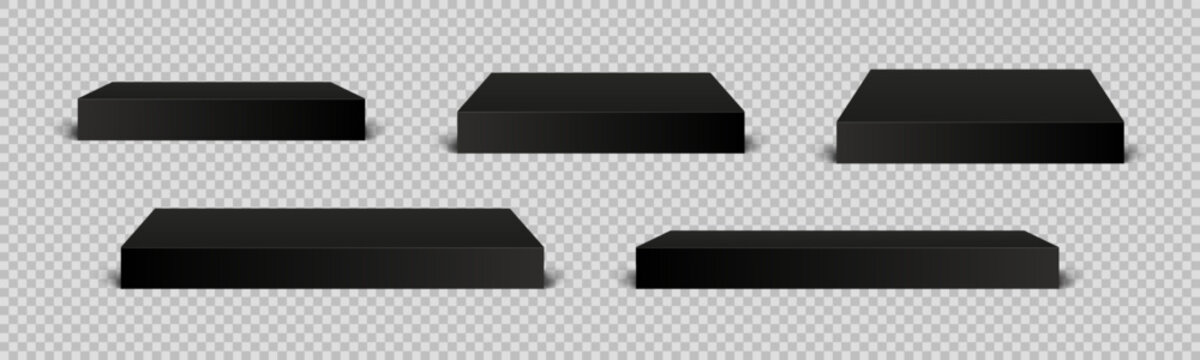 Empty black rectangular podium, top table mockup, modern pedestal and platform, concrete flooring stand stage, empty stages and podium stair 3d template for product presentation, cube pedestal stand