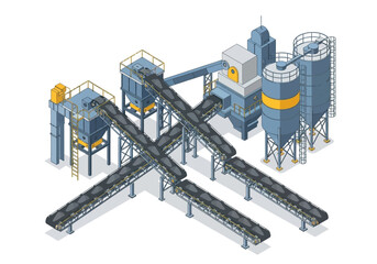 Industrial cement plant with conveyor belts for material transport and silos for storage, isometric view © Donjuan Studio