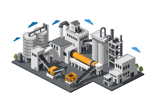 Isometric illustration of an industrial cement factory complex with processing machinery and storage silos