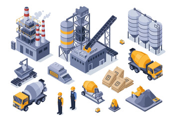 Construction industry isometric icons cement factory, mixer truck, and building materials © Donjuan Studio