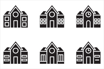 Fototapeta premium Building icon set in line design. School building, study place, office, simple vector icons.