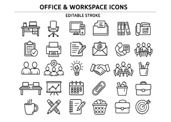 Fototapeta premium Office Workspace Icons Set – Business, Desk Productivity Line Symbols