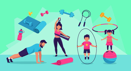 Family exercising together with various fitness equipment for a healthy lifestyle.
