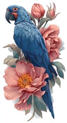 Vibrant Blue Macaw Perched Among Lush Pink Peonies