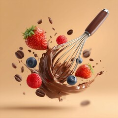 Dynamic Chocolate Splash with Fresh Berries and Whisk