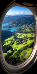 Aerial View of Lush Green Hills and Blue Lake from Airplane Window