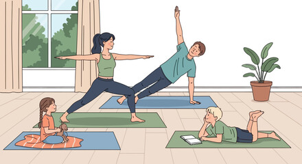 Fototapeta premium Family practicing yoga together in a home setting.