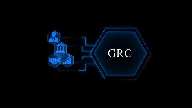 G R C Governance Risk Compliance Concept with Business and Hexagonal Symbols on Dark Background