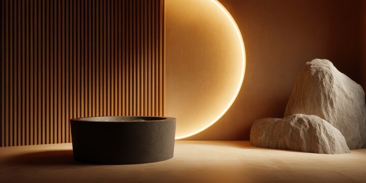 Nordic Spa Ritual concept. Minimalist interior with circular light and natural elements.