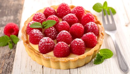 Delicious Raspberry Tart with Fresh Mint Garnish.