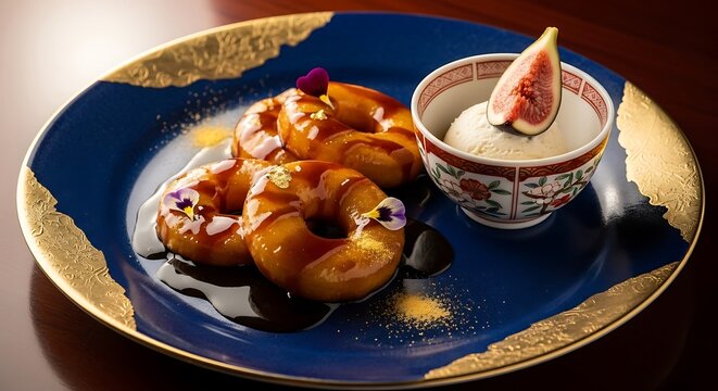 Gourmet Peruvian Picarones Dessert with Fig and Ice Cream