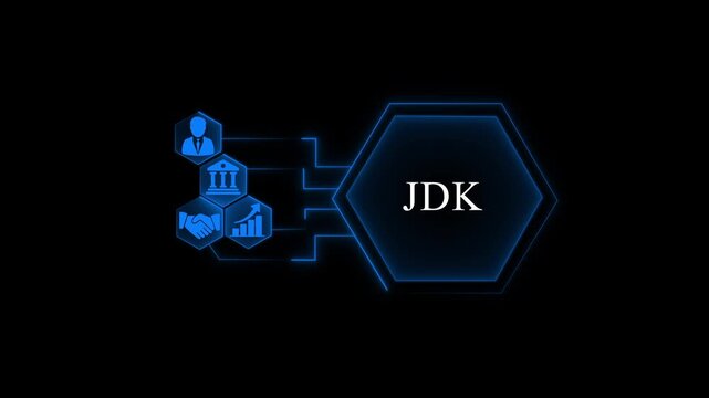 Modern Digital Interface with J D K Central Node Surrounded by Business and Technology business modern neon blue glow