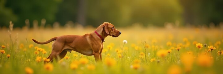 Hungarian Vizsla intently watching prey in a field , mammal, breed standard, retrieving
