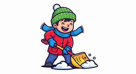 Cheerful child in winter gear shovels snow with a yellow shovel, playing happily