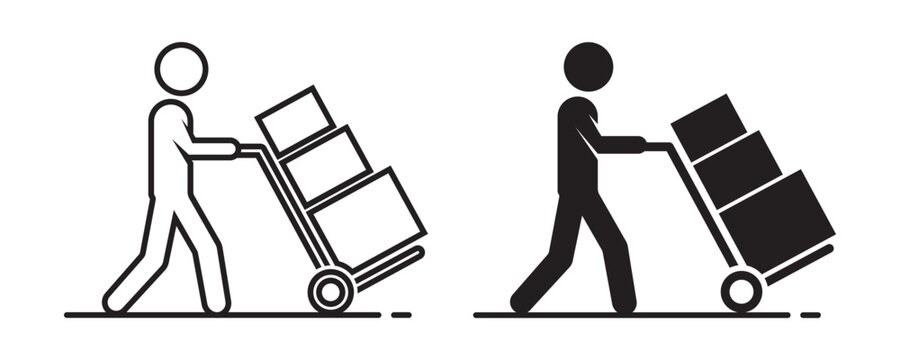 Delivery Man Pushing Hand Truck with Boxes Vector Icon