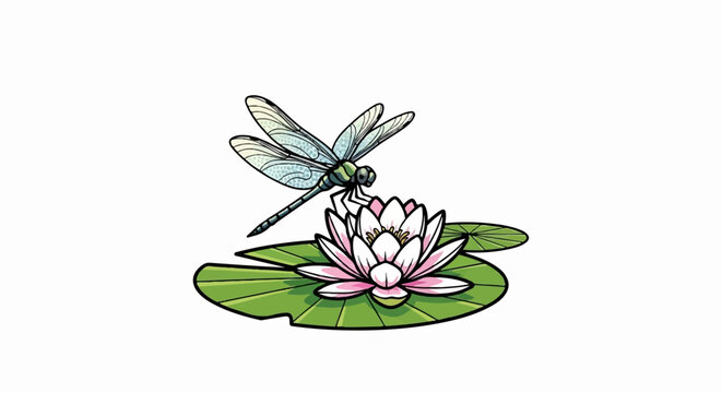 A delicate dragonfly perches on a soft pink water lily blossom